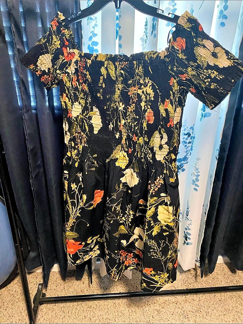 H&Medium Floral Midi Dress in Black & Yellow Size Medium NWT
